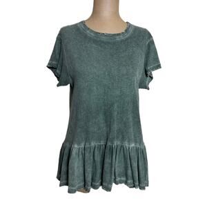 The Great. T-shirt Green Cotton Round Collar Distressed Peplum Short Sleeve